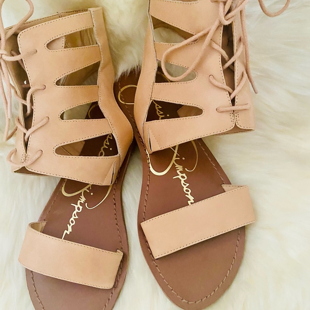 Jessica SimpsonTan Gladiator Sandals with Lace-Up Design